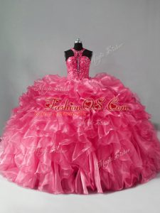 Hot Pink Halter Top Zipper Beading and Ruffles Quinceanera Dress Sleeveless