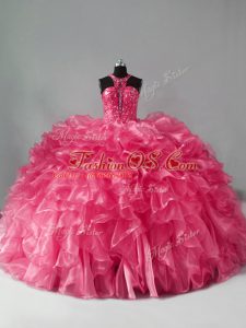 Hot Pink Halter Top Zipper Beading and Ruffles Quinceanera Dress Sleeveless
