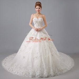Sleeveless Chapel Train Lace Up Beading and Lace Wedding Gowns