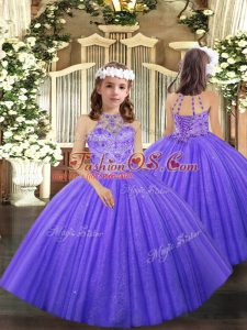 Customized Lavender Tulle Lace Up Halter Top Sleeveless Floor Length Little Girl Pageant Gowns Beading and Ruffles