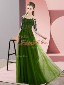 Attractive Olive Green Lace Up Bateau Beading and Lace Bridesmaid Dresses Chiffon Half Sleeves