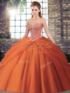 Great Orange Red Sweet 16 Quinceanera Dress Military Ball and Sweet 16 and Quinceanera with Beading and Pick Ups Sweetheart Sleeveless Brush Train Lace Up