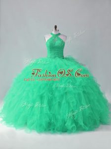 Discount Sleeveless Tulle Lace Up 15 Quinceanera Dress in Turquoise with Beading and Ruffles