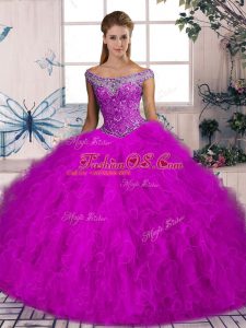 Beading and Ruffles Quinceanera Gown Fuchsia Lace Up Sleeveless Brush Train