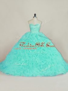 Customized Sweetheart Sleeveless Fabric With Rolling Flowers Quinceanera Gown Beading and Ruffles Court Train Lace Up