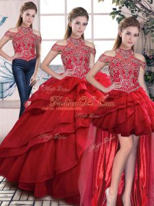 Elegant Sleeveless Organza Lace Up 15th Birthday Dress in Red with Beading and Ruffles
