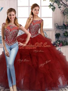 Superior Burgundy Sleeveless Beading and Ruffles Floor Length Sweet 16 Dress