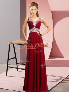 Amazing Burgundy Lace Up V-neck Beading Prom Evening Gown Chiffon Sleeveless