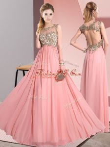 Scoop Sleeveless Backless Wedding Guest Dresses Pink Chiffon