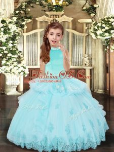 Enchanting Sleeveless Floor Length Beading and Appliques Backless Little Girls Pageant Gowns with Aqua Blue
