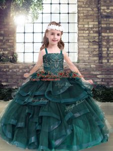 Eye-catching Sleeveless Tulle Floor Length Lace Up Little Girls Pageant Gowns in Peacock Green with Beading and Ruffles