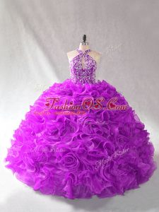 Halter Top Sleeveless Quinceanera Gowns Floor Length Beading Purple Organza