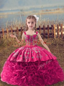 Exquisite Lace Up Kids Formal Wear Hot Pink for Wedding Party with Embroidery Sweep Train