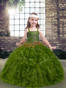 Fancy Olive Green Straps Lace Up Beading and Ruffles Little Girls Pageant Gowns Sleeveless
