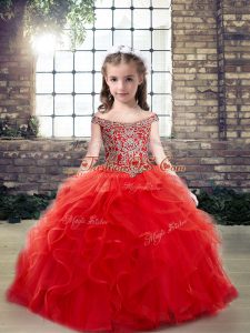 Sleeveless Floor Length Beading and Ruffles Lace Up Kids Pageant Dress with Red