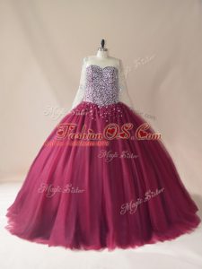 Long Sleeves Tulle Brush Train Lace Up Quince Ball Gowns in Burgundy with Beading