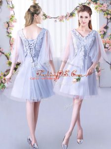 Mini Length Grey Wedding Guest Dresses Tulle Sleeveless Lace