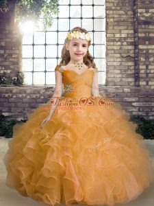 Organza Straps Sleeveless Lace Up Beading and Ruffles Child Pageant Dress in Orange