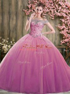 Trendy Lilac Ball Gowns Beading 15 Quinceanera Dress Lace Up Tulle Sleeveless Floor Length