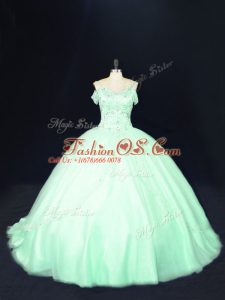 Cute Apple Green Off The Shoulder Lace Up Beading 15 Quinceanera Dress Court Train Sleeveless