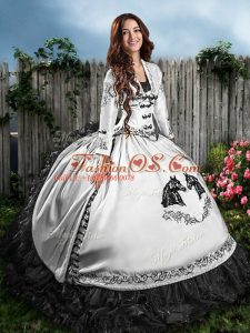 Sleeveless Floor Length Embroidery and Ruffles Lace Up Quince Ball Gowns with White And Black