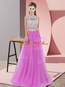 Artistic Lilac Tulle Zipper Halter Top Sleeveless Floor Length Quinceanera Court of Honor Dress Lace