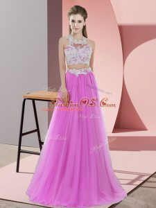 Artistic Lilac Tulle Zipper Halter Top Sleeveless Floor Length Quinceanera Court of Honor Dress Lace