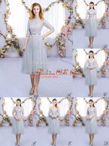 High-neck Half Sleeves Quinceanera Dama Dress Tea Length Lace and Belt Grey Tulle