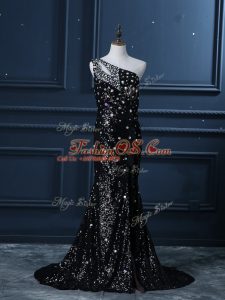 Sequined One Shoulder Sleeveless Brush Train Backless Beading Womens Evening Dresses in Black