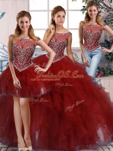 Latest Burgundy Three Pieces Beading and Ruffles Vestidos de Quinceanera Zipper Organza Sleeveless Floor Length