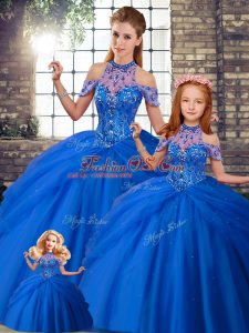 Halter Top Sleeveless Brush Train Lace Up Sweet 16 Quinceanera Dress Blue Tulle