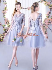 Lovely Grey Tulle Lace Up High-neck Half Sleeves Mini Length Bridesmaid Dresses Lace