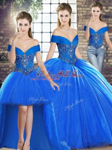 Noble Royal Blue Off The Shoulder Lace Up Beading 15 Quinceanera Dress Brush Train Sleeveless