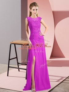 Traditional Sleeveless Floor Length Beading Zipper Prom Evening Gown with Fuchsia