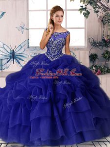 Scoop Sleeveless Brush Train Zipper 15 Quinceanera Dress Purple Organza