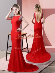 Red Backless High-neck Beading Prom Gown Elastic Woven Satin Short Sleeves Brush Train