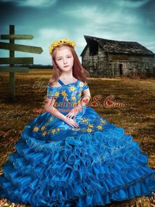 High Quality Blue Organza Lace Up Off The Shoulder Short Sleeves Floor Length Girls Pageant Dresses Embroidery and Ruffled Layers