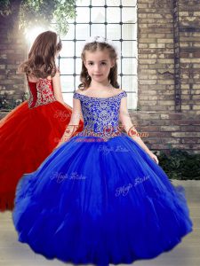 Floor Length Royal Blue Child Pageant Dress Tulle Sleeveless Beading