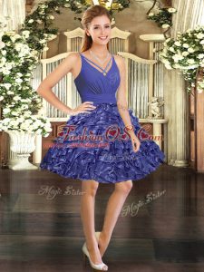 Custom Designed Purple Backless V-neck Ruffles Prom Party Dress Taffeta Sleeveless