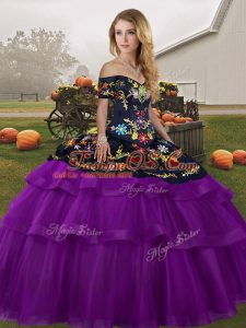 Traditional Off The Shoulder Sleeveless Brush Train Lace Up 15 Quinceanera Dress Black And Purple Tulle