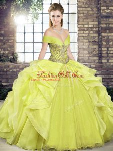 Custom Design Beading and Ruffles Quinceanera Gowns Yellow Lace Up Sleeveless Floor Length