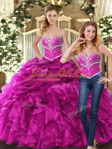Fuchsia Lace Up Sweetheart Beading and Ruffles and Pick Ups Sweet 16 Dress Organza Sleeveless