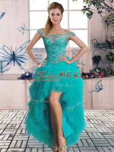 Fabulous Turquoise Lace Up Prom Dress Beading and Ruffles Sleeveless High Low