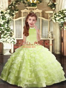 Floor Length Yellow Green Pageant Dress for Teens Organza Sleeveless Beading and Ruffled Layers