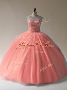 Attractive Scoop Sleeveless Lace Up Ball Gown Prom Dress Peach Tulle