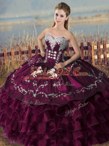 Purple Ball Gowns Satin and Organza Sweetheart Sleeveless Embroidery and Ruffles Floor Length Lace Up Sweet 16 Quinceanera Dress