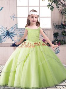 Fashionable Yellow Green and Pink And White Kids Pageant Dress Party and Wedding Party with Beading Off The Shoulder Sleeveless Lace Up