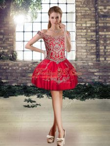 Custom Designed Red Lace Up Off The Shoulder Beading and Appliques Celebrity Dresses Tulle Sleeveless