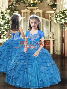 Glorious Sleeveless Floor Length Beading and Ruffles Lace Up Little Girls Pageant Dress with Baby Blue