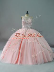 Peach Scoop Neckline Beading Quinceanera Dresses Sleeveless Lace Up